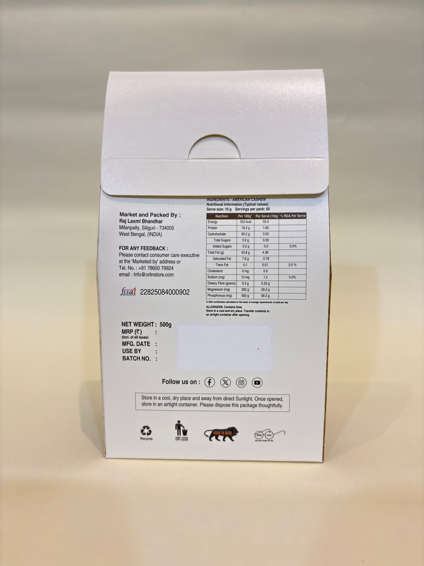 Product packaging with text and labels on a beige background