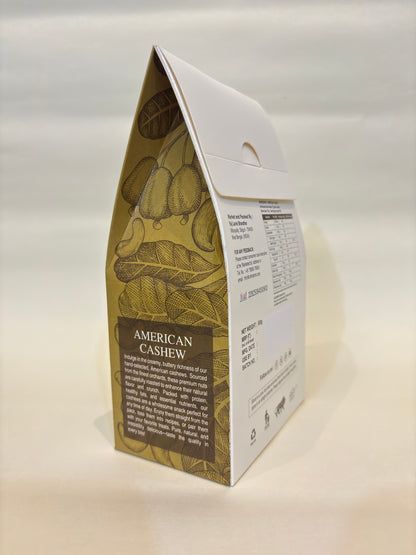 Cardboard box with 'American Cashew' branding on a white background