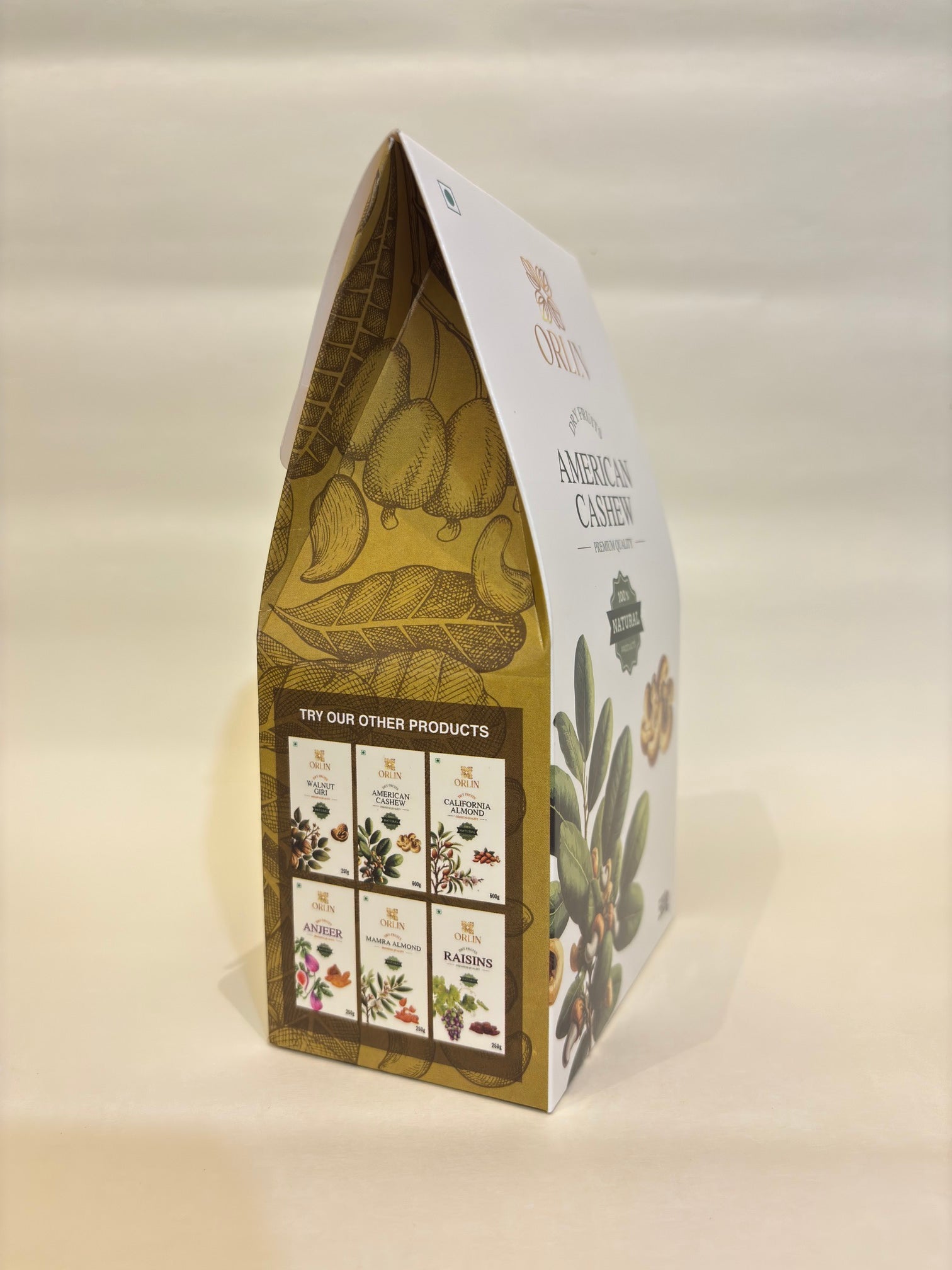 Folding box with botanical design and text on a light background