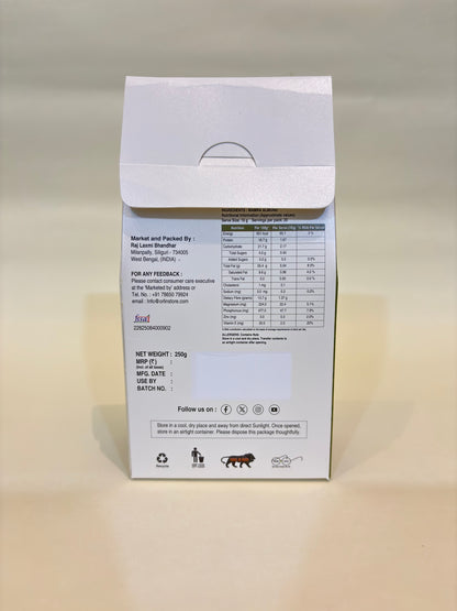 Product packaging with nutritional information on a beige surface