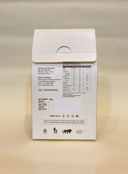 Product packaging with nutritional information on a beige surface
