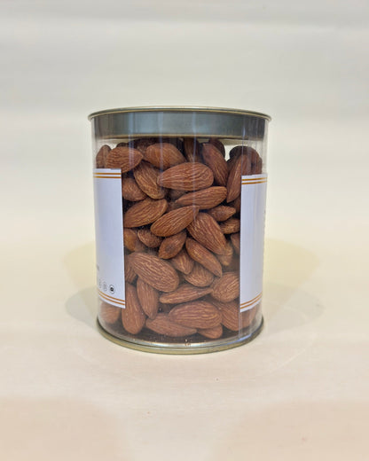 Can of almonds on a white background