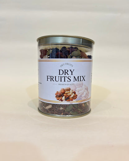 Canister of dry fruits mix on a light background