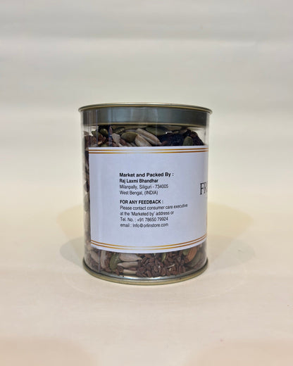 Canister of dried herbs or spices with a label on a white background