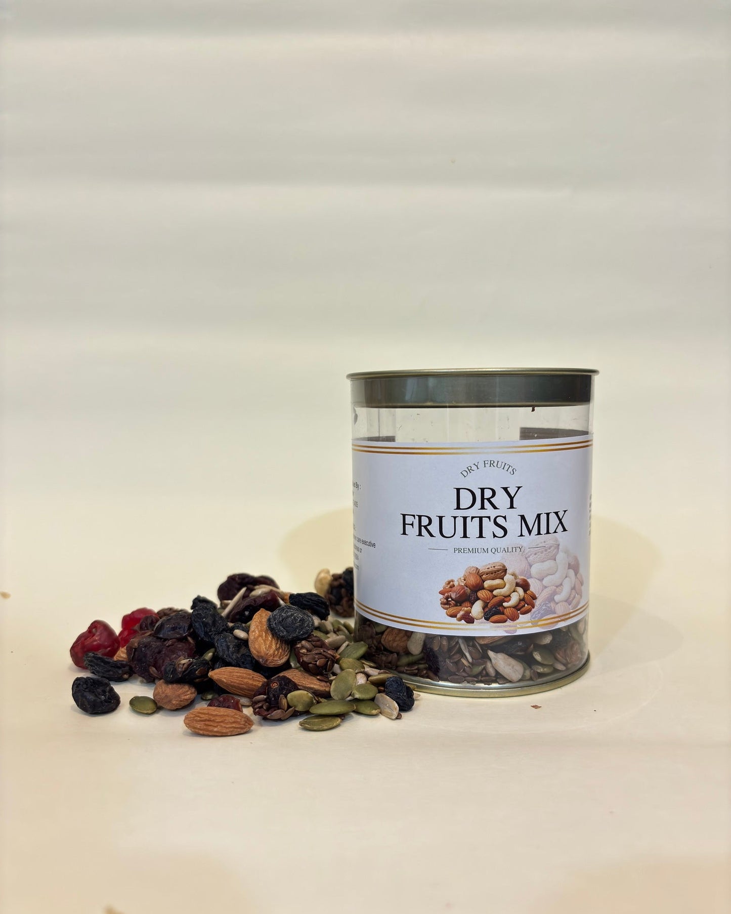 Can of dry fruits mix on a white background