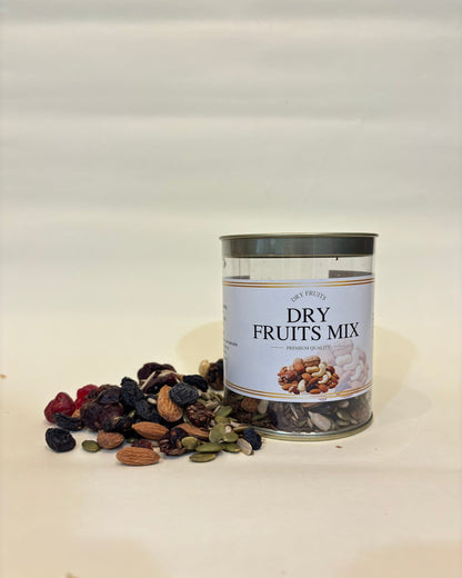 Can of dry fruits mix on a white background